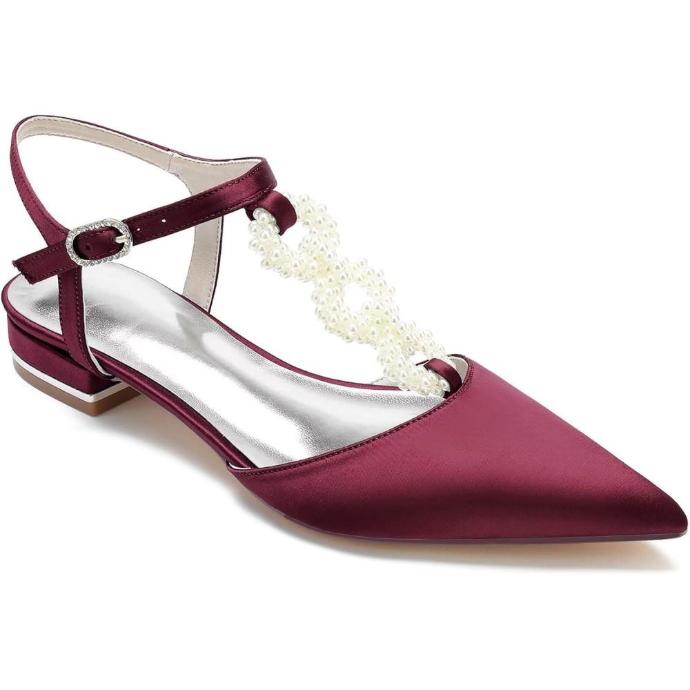 image:imageChaussures Talons Bas pour FemmeBallerines Classiques Bout Pointu Bride Cheville Talons pais Sandales de soire Danse Mariage Escarpins 25 cm Chaussures Plates ConfortablesWine Red
