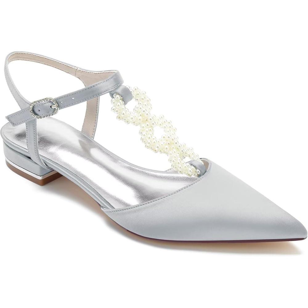 image:imageChaussures Talons Bas pour FemmeBallerines Classiques Bout Pointu Bride Cheville Talons pais Sandales de soire Danse Mariage Escarpins 25 cm Chaussures Plates ConfortablesSilver