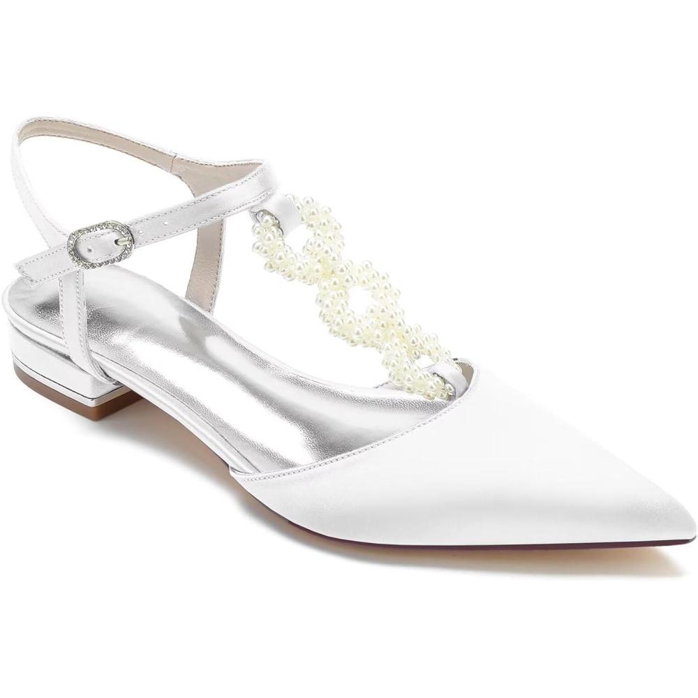 image:imageChaussures Talons Bas pour FemmeBallerines Classiques Bout Pointu Bride Cheville Talons pais Sandales de soire Danse Mariage Escarpins 25 cm Chaussures Plates ConfortablesWhite
