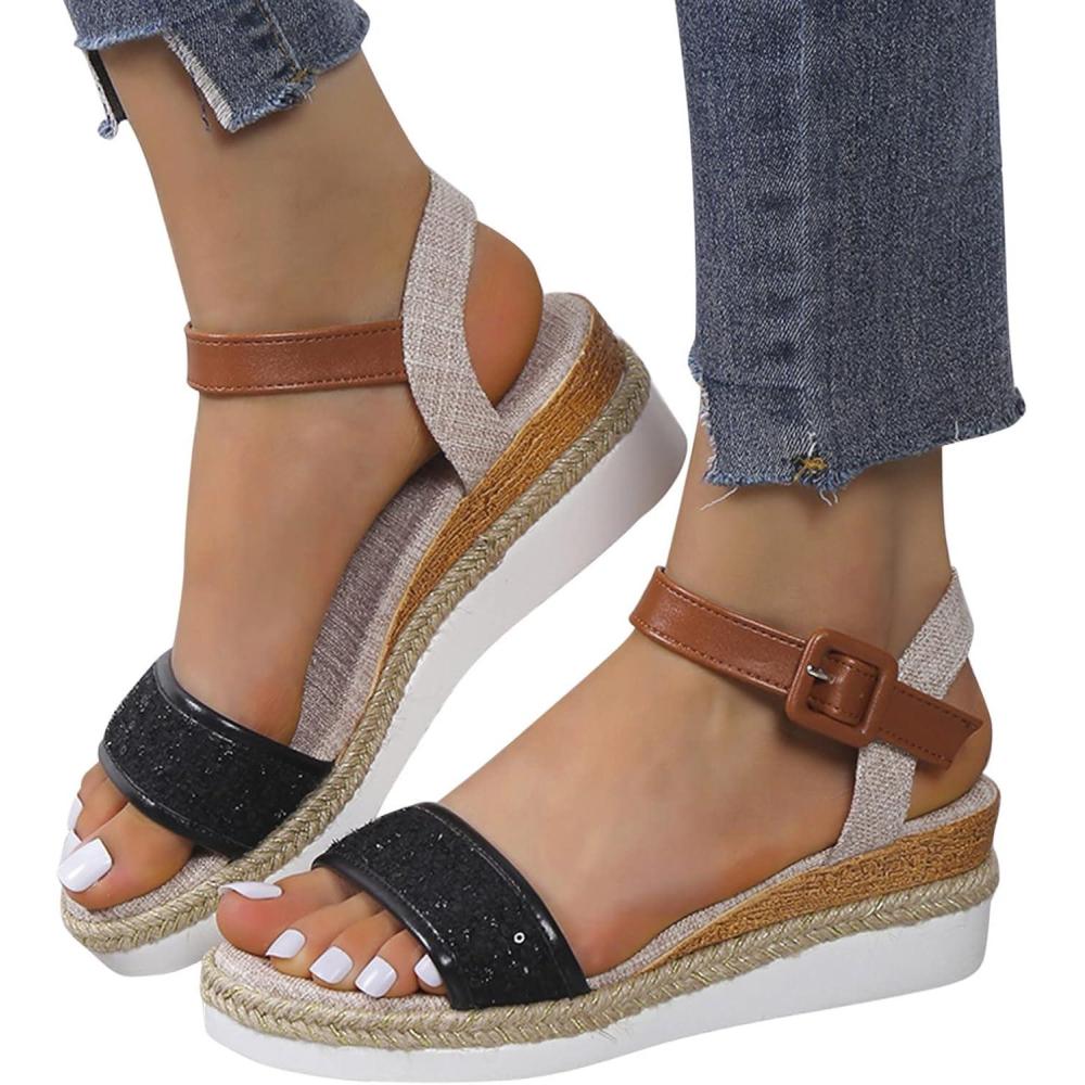 image:imageChaussures pour Femmes Sandales Sandale Compensee Femme Et Compens Chaussure Claquette Semelle Epaisse Nu Pieds t Confortable Sandales Plates t Sandales de RandonnENoir