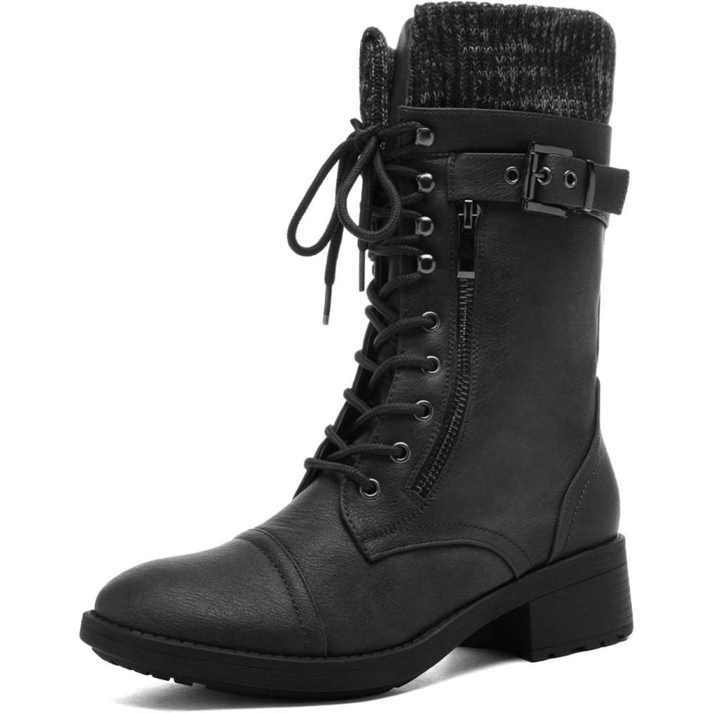 image:imageDREAM PAIRS Bottes Femme MiMollet Style Militaire avec Fermeture clair Lacets Ajustables Poche Zippe et Doublure Chaude en Fausse Fourrure ConfortableNoir
