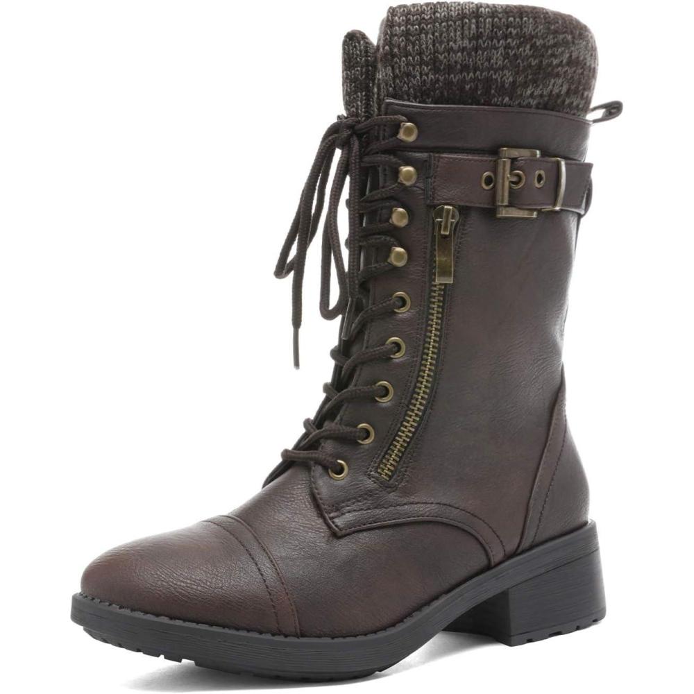 image:imageDREAM PAIRS Bottes Femme MiMollet Style Militaire avec Fermeture clair Lacets Ajustables Poche Zippe et Doublure Chaude en Fausse Fourrure ConfortableBrun