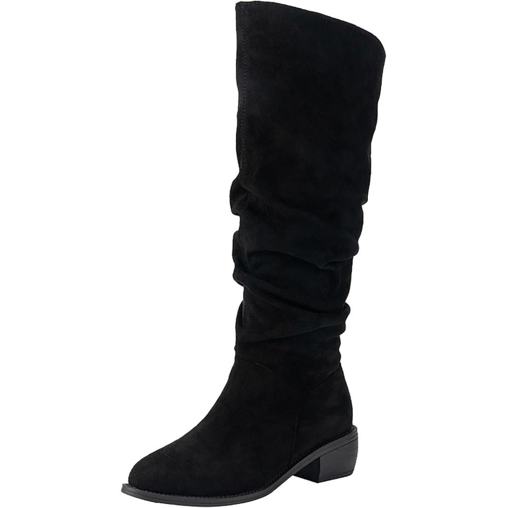 image:imageGnrique Bottes Cavalires Femme Mollet Large Bottes Haute Femme Petit Talon Bottines En Daim Couleur Unie Chaussures Confortables Et lgantes Chaussures De Ville ConfortNoir