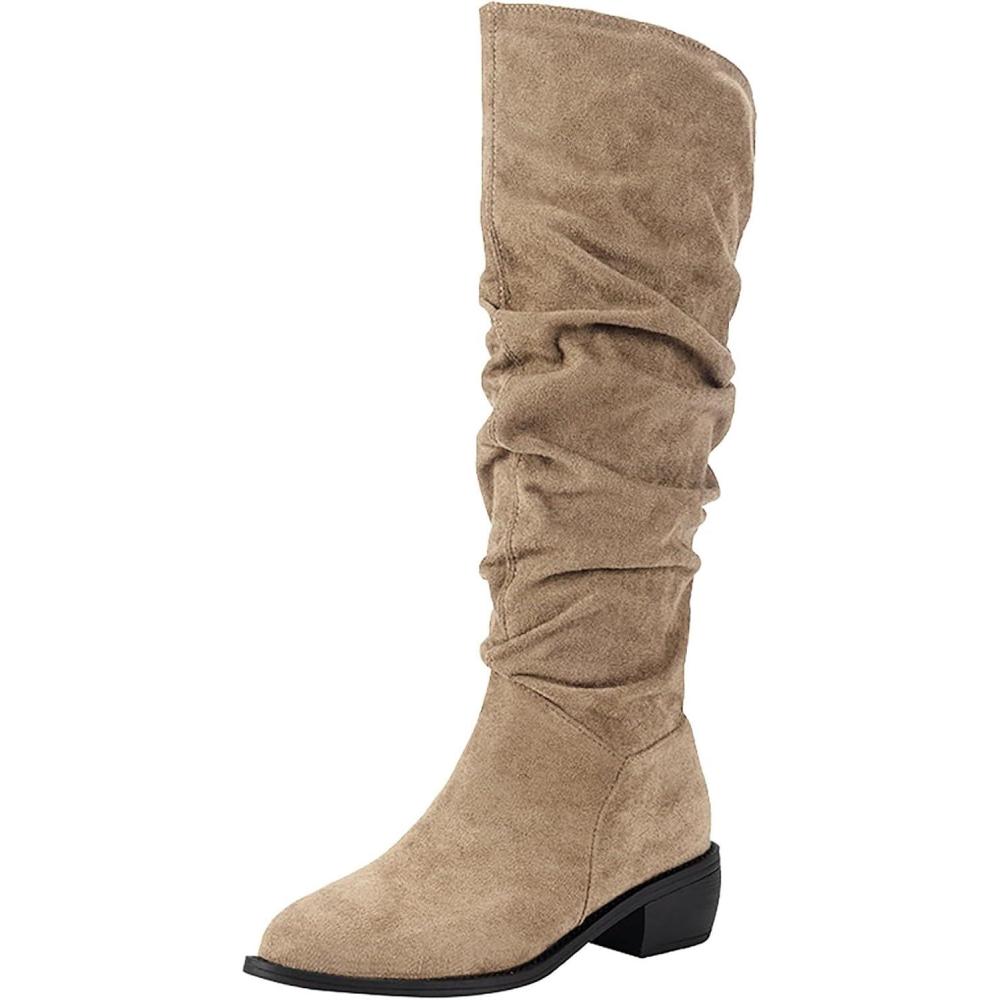 image:imageGnrique Bottes Cavalires Femme Mollet Large Bottes Haute Femme Petit Talon Bottines En Daim Couleur Unie Chaussures Confortables Et lgantes Chaussures De Ville ConfortKaki