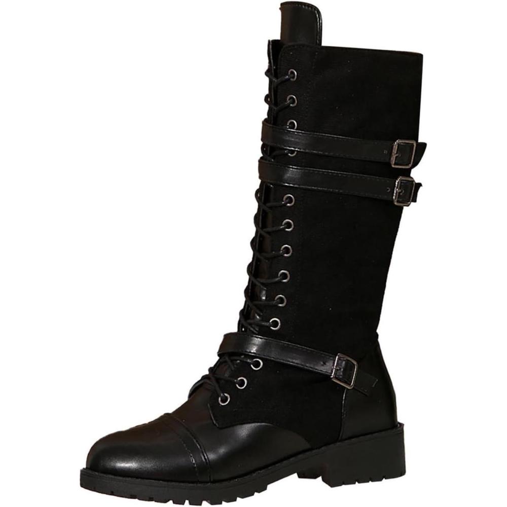 image:imageGnrique Femmes Bottines MiMollet Lacets plates Femme Boot Cowboy Mode Couleur unie Tige large Bottes Femmes Travail Moderne Confortable boucles Bottes pour femme Elgantes Vintage SoupleLe Noir