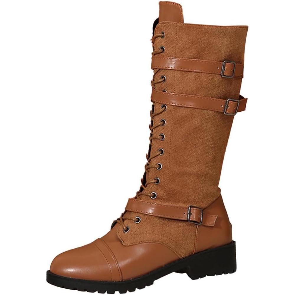 image:imageGnrique Femmes Bottines MiMollet Lacets plates Femme Boot Cowboy Mode Couleur unie Tige large Bottes Femmes Travail Moderne Confortable boucles Bottes pour femme Elgantes Vintage SoupleBrun