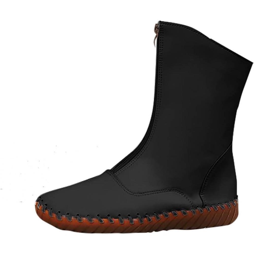image:imageGnrique Femmes Bottines MiMollet plates Rond Chaussures de botte pour dame Impermables Souple Elgantes Chaudes Femme Botte Vintage rtro classiques cuir vritable Automne HiverLe Noir