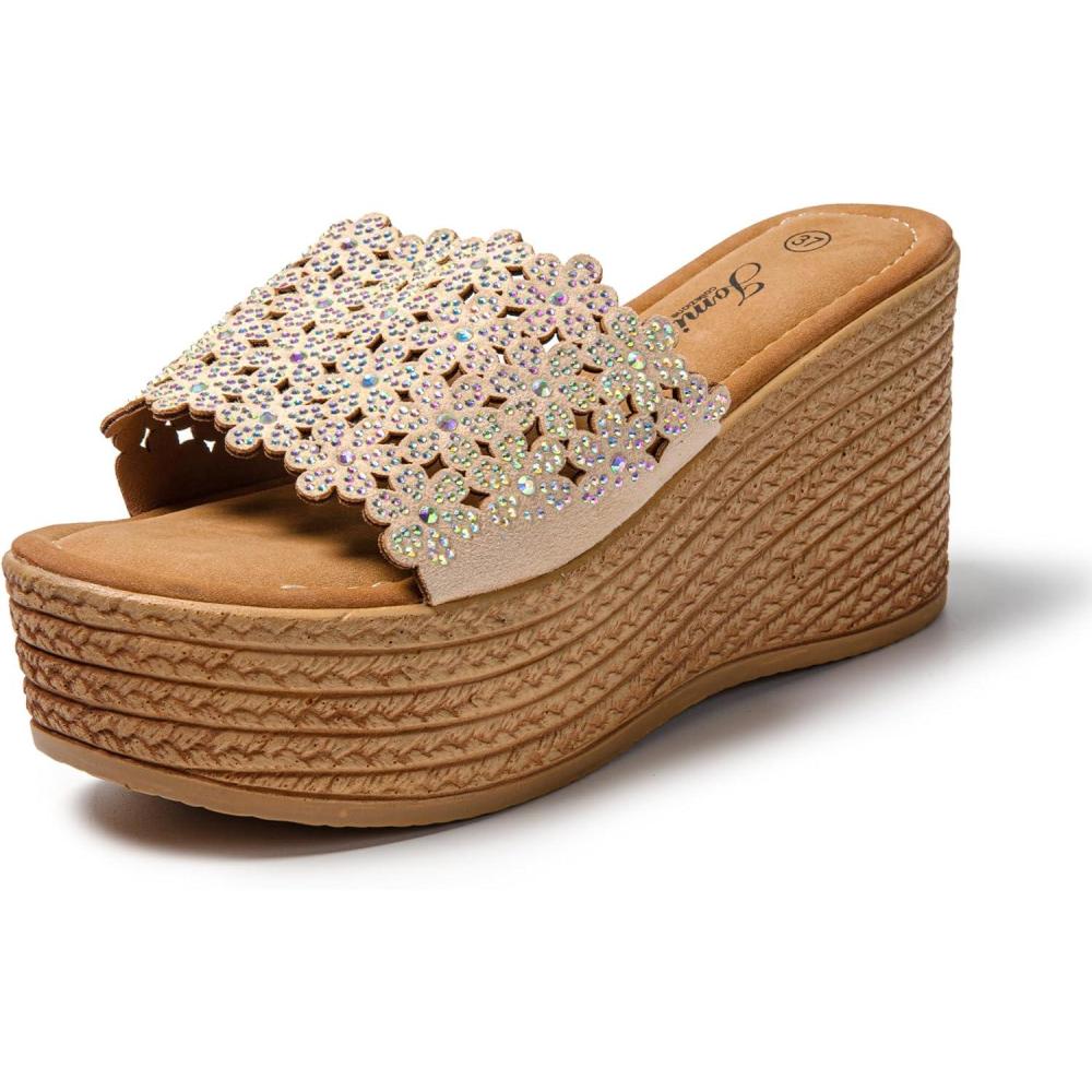image:imageJOMIX Sandales Compenses Femme Tongs Compens Espadrilles Femme Sandale Femme dt avec Strass pour Maison Piscine PlageBeige