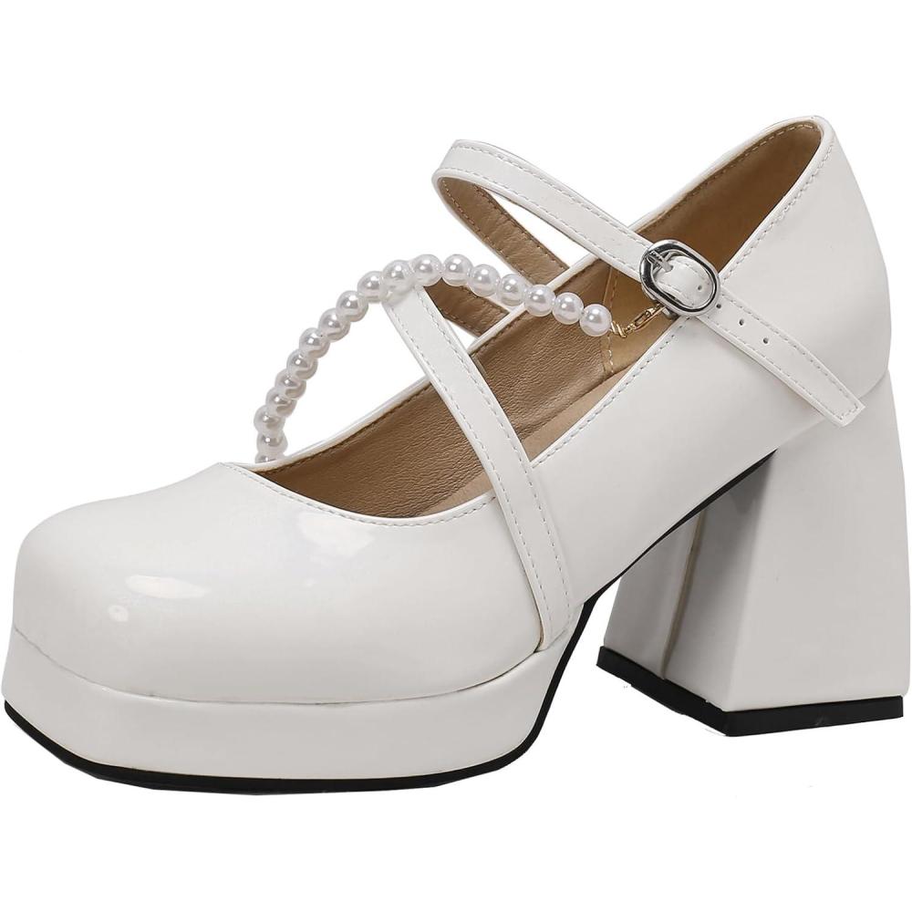 image:imageMARY JANE Chaussures talon pais pour femme Escarpins avec perlesBlanc