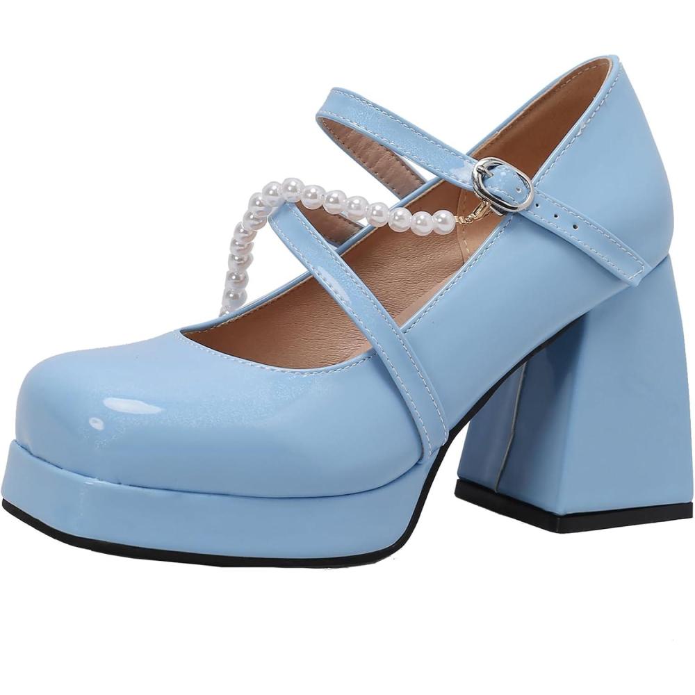 image:imageMARY JANE Chaussures talon pais pour femme Escarpins avec perlesBleu Clair
