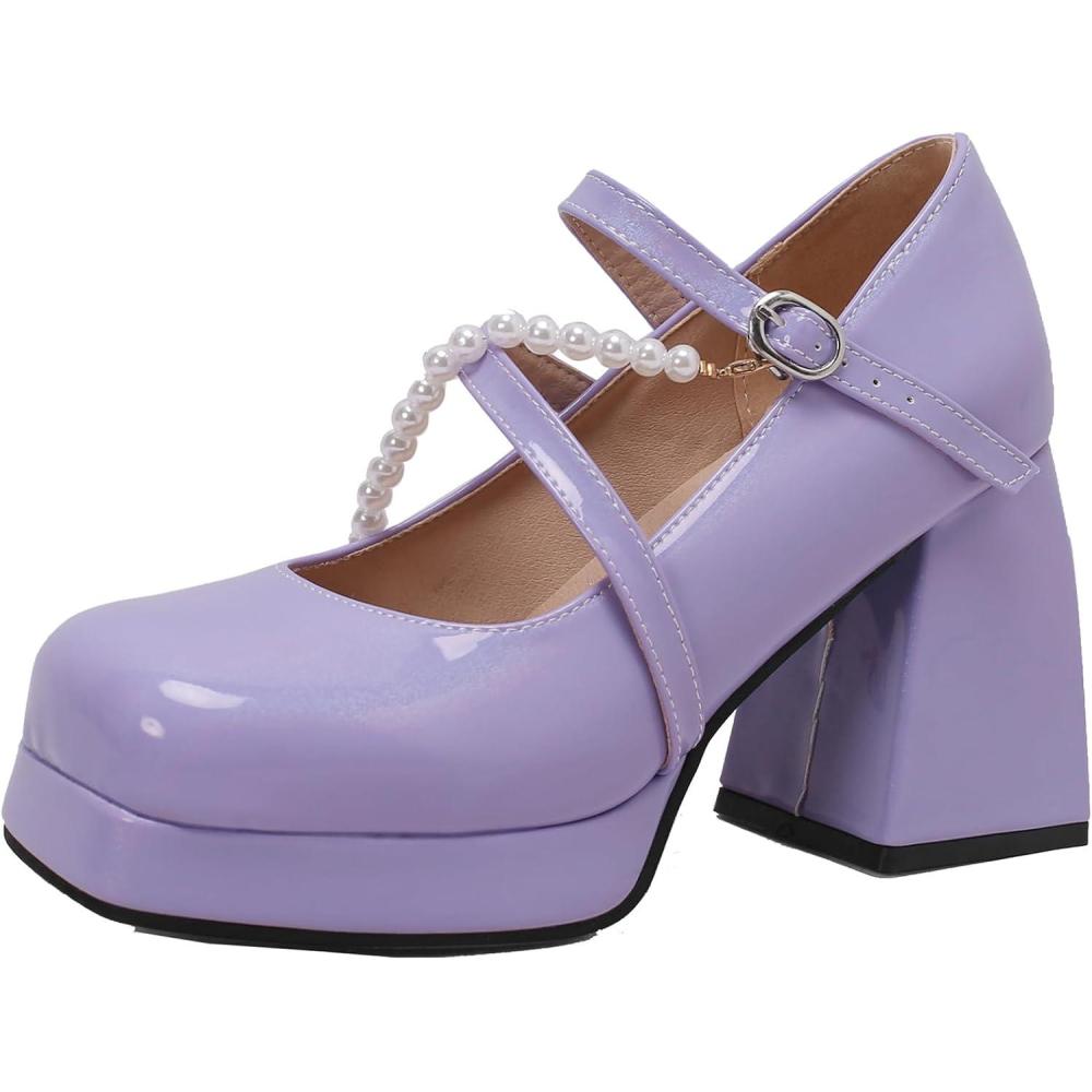image:imageMARY JANE Chaussures talon pais pour femme Escarpins avec perlesLilas