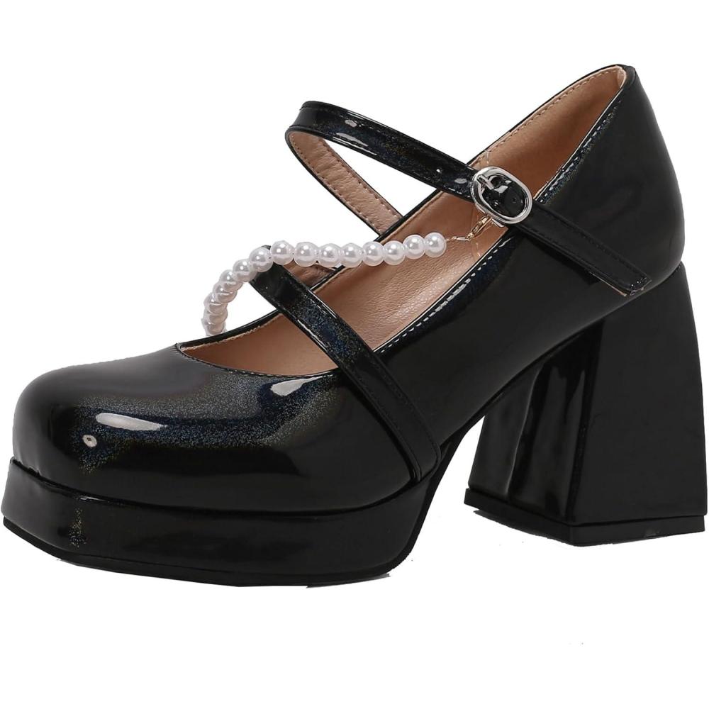 image:imageMARY JANE Chaussures talon pais pour femme Escarpins avec perlesNoir