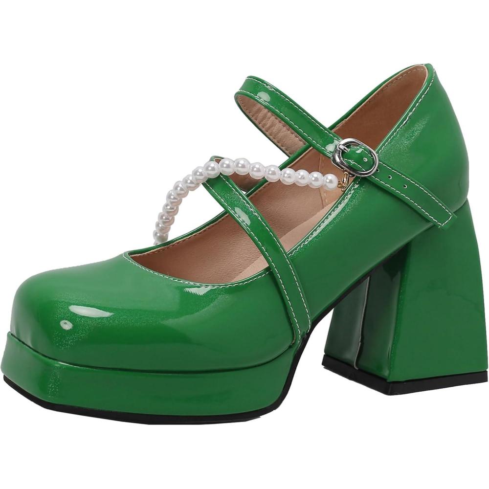 image:imageMARY JANE Chaussures talon pais pour femme Escarpins avec perlesVert