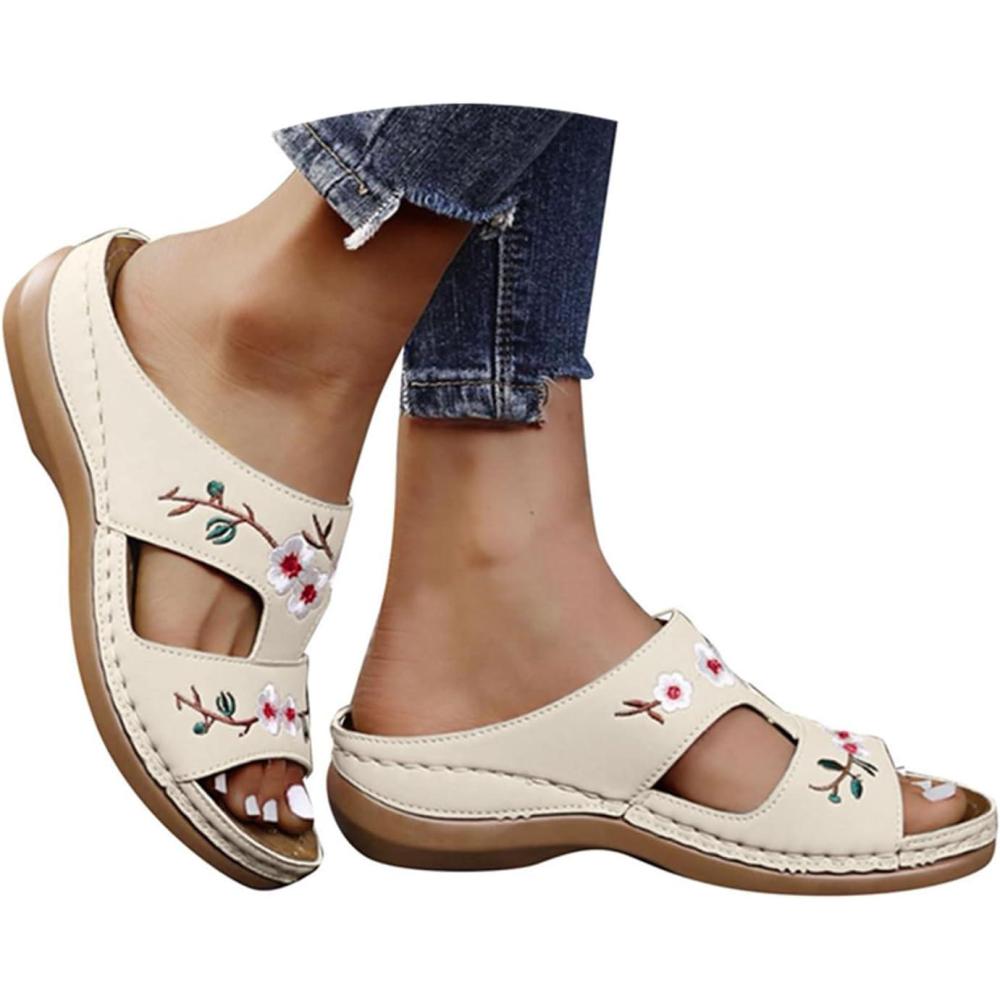 image:imageSandales Femme t Confortable Compenses Plateforme Orthopdique Sandales avec Support Pantoufles en Cuir Mode Tongs Sandales de Marche Bout Ouvert Flip FlopsD Blanc