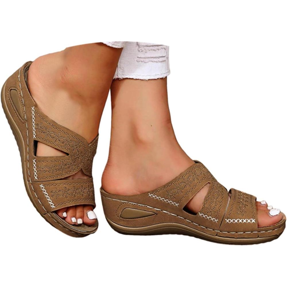 image:imageSandales Femme t Confortable Compenses Plateforme Orthopdique Sandales avec Support Pantoufles en Cuir Mode Tongs Sandales de Marche Bout Ouvert Flip FlopsC Brun