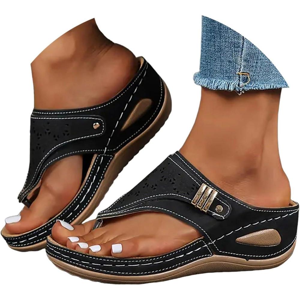 image:imageSandales Femme t Confortable Compenses Plateforme Orthopdique Sandales avec Support Pantoufles en Cuir Mode Tongs Sandales de Marche Bout Ouvert Flip FlopsA le Noir