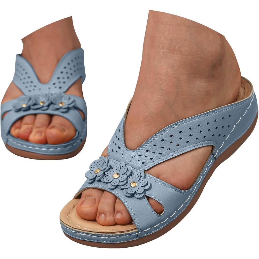 image:imageSandales Femme t Confortable Compenses Plateforme Orthopdique Sandales avec Support Pantoufles en Cuir Mode Tongs Sandales de Marche Bout Ouvert Flip FlopsG Bleu Clair