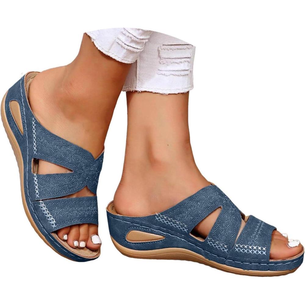 image:imageSandales Femme t Confortable Compenses Plateforme Orthopdique Sandales avec Support Pantoufles en Cuir Mode Tongs Sandales de Marche Bout Ouvert Flip FlopsC Bleu