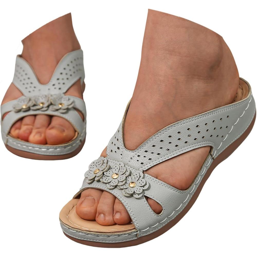 image:imageSandales Femme t Confortable Compenses Plateforme Orthopdique Sandales avec Support Pantoufles en Cuir Mode Tongs Sandales de Marche Bout Ouvert Flip FlopsG Grey