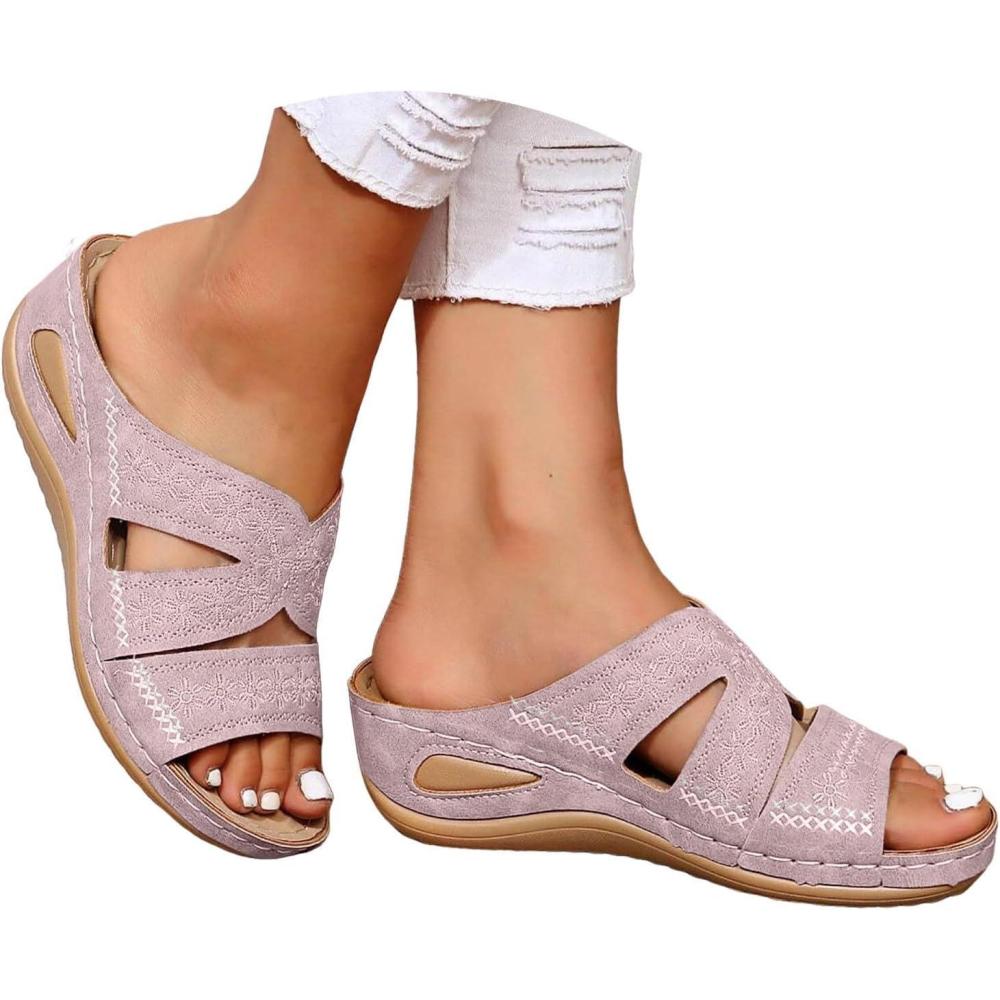 image:imageSandales Femme t Confortable Compenses Plateforme Orthopdique Sandales avec Support Pantoufles en Cuir Mode Tongs Sandales de Marche Bout Ouvert Flip FlopsC Rose