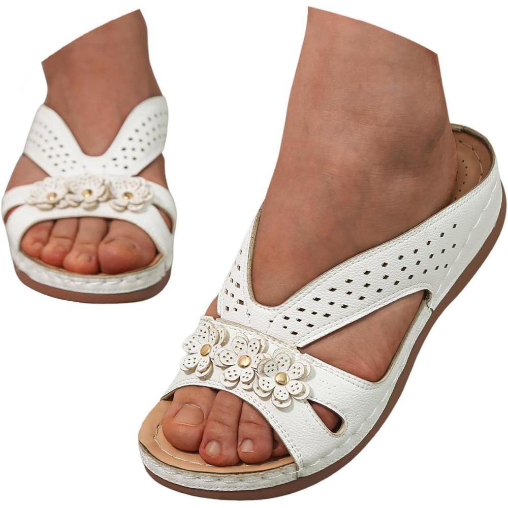 image:imageSandales Femme t Confortable Compenses Plateforme Orthopdique Sandales avec Support Pantoufles en Cuir Mode Tongs Sandales de Marche Bout Ouvert Flip FlopsG Blanca