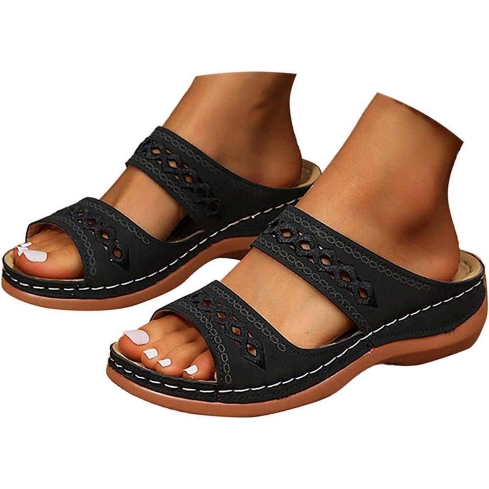 image:imageSandales Femme t Confortable Compenses Plateforme Orthopdique Sandales avec Support Pantoufles en Cuir Mode Tongs Sandales de Marche Bout Ouvert Flip FlopsE le Noir