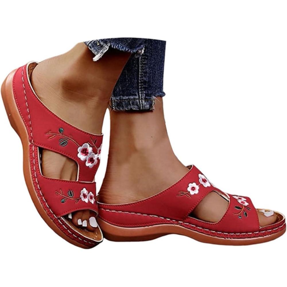 image:imageSandales Femme t Confortable Compenses Plateforme Orthopdique Sandales avec Support Pantoufles en Cuir Mode Tongs Sandales de Marche Bout Ouvert Flip FlopsD Rouge