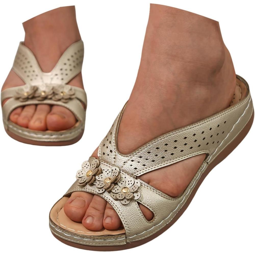 image:imageSandales Femme t Confortable Compenses Plateforme Orthopdique Sandales avec Support Pantoufles en Cuir Mode Tongs Sandales de Marche Bout Ouvert Flip FlopsG Or