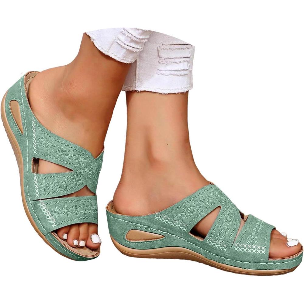 image:imageSandales Femme t Confortable Compenses Plateforme Orthopdique Sandales avec Support Pantoufles en Cuir Mode Tongs Sandales de Marche Bout Ouvert Flip FlopsC Vert