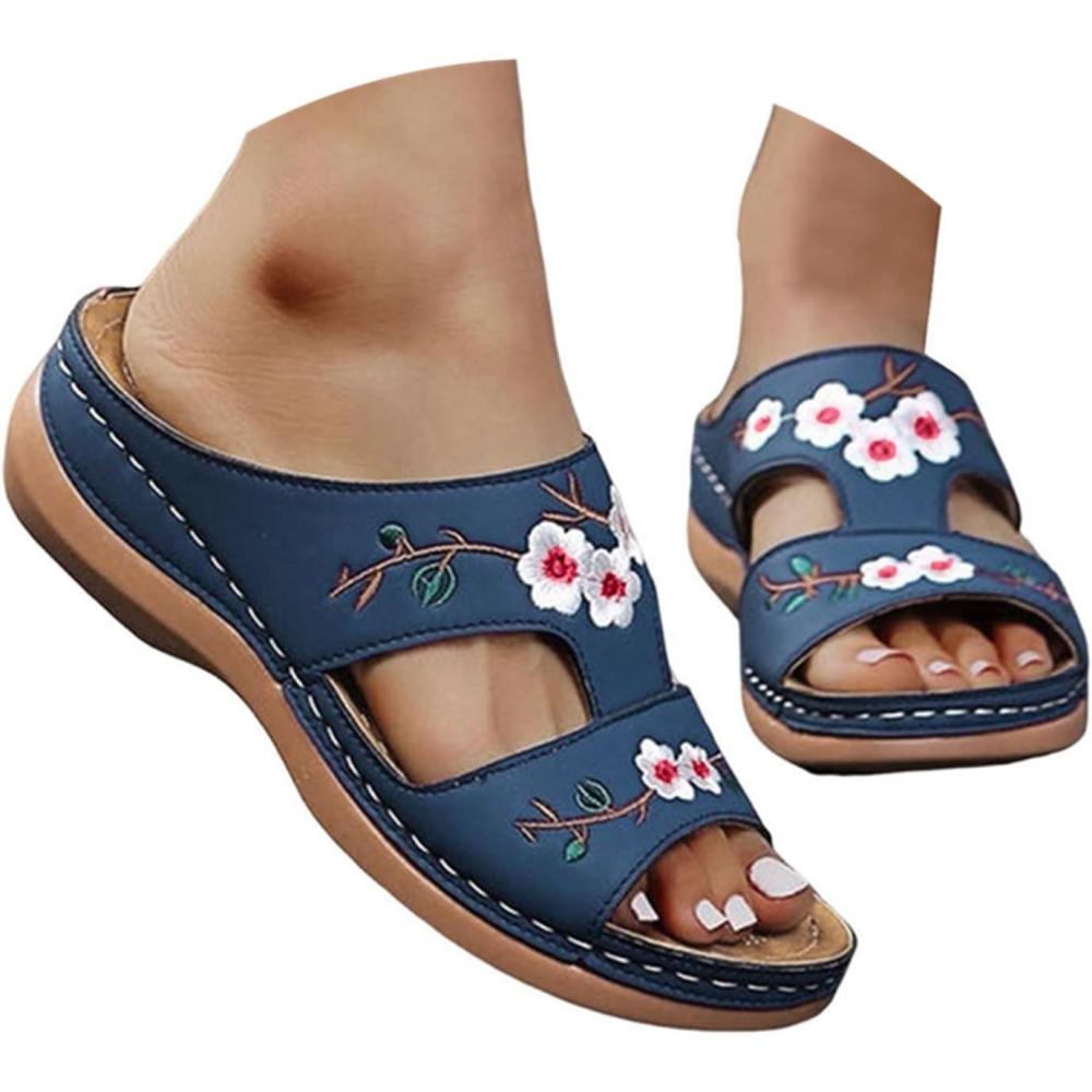 image:imageSandales Femme t Confortable Compenses Plateforme Orthopdique Sandales avec Support Pantoufles en Cuir Mode Tongs Sandales de Marche Bout Ouvert Flip FlopsD Bleu