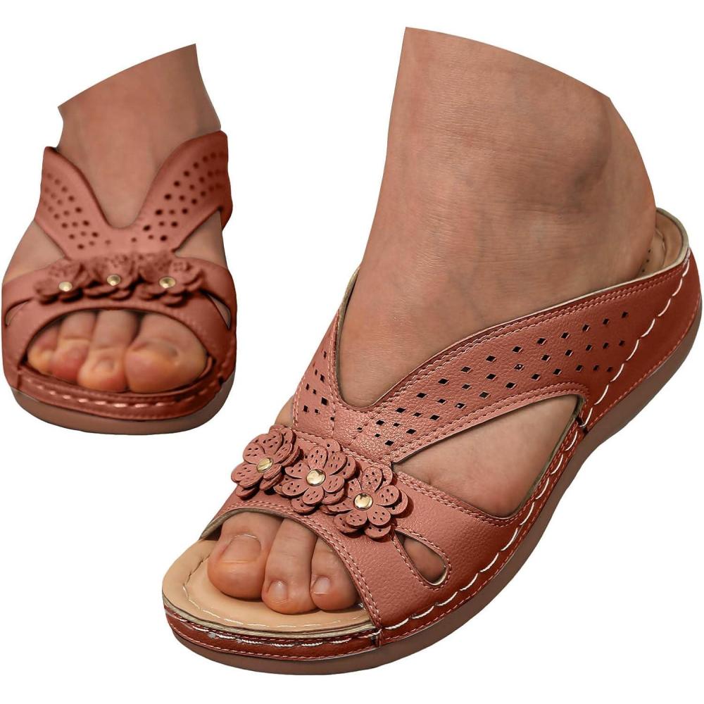 image:imageSandales Femme t Confortable Compenses Plateforme Orthopdique Sandales avec Support Pantoufles en Cuir Mode Tongs Sandales de Marche Bout Ouvert Flip FlopsG Brun