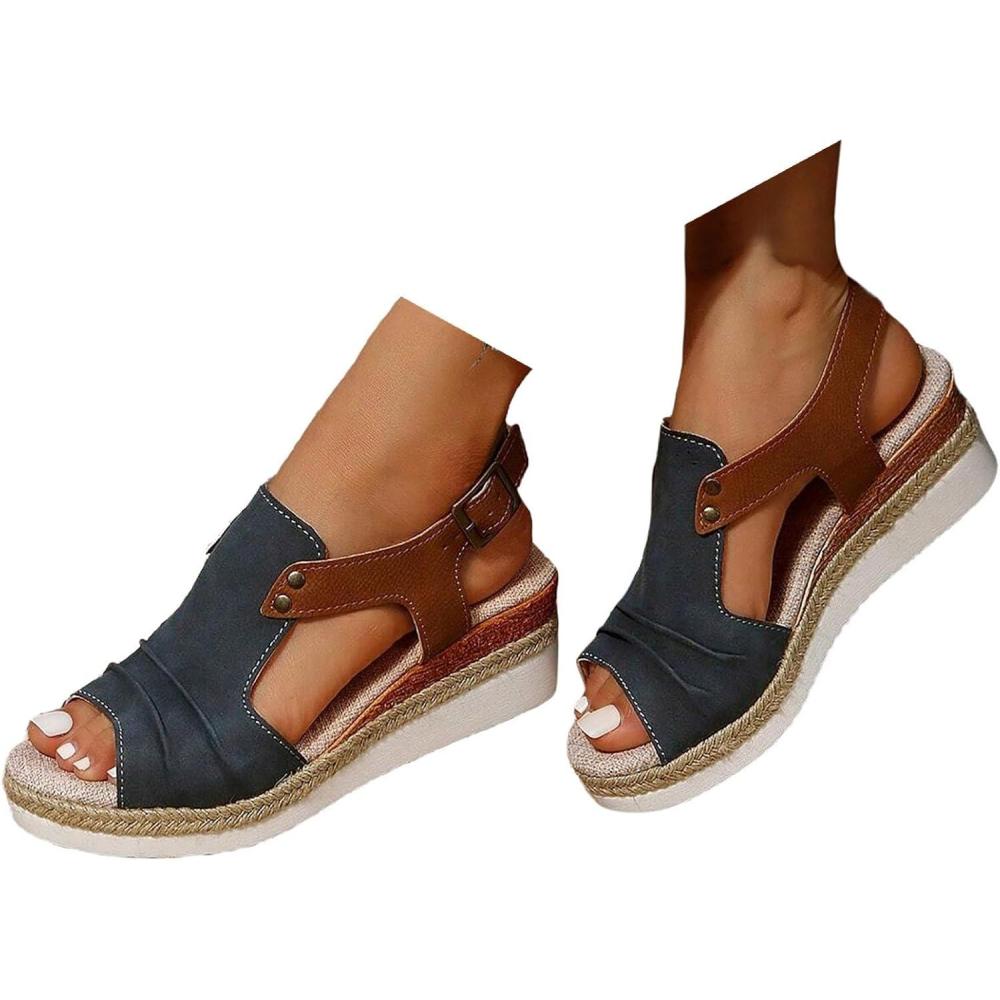 image:imageSandales compenses pour femme Espadrilles en cuir pour femme Bout ouvert Sangle de cheville Dcontractes lgantes Pour lt Plateforme Sandales enfiler Talons compenss 40 EU