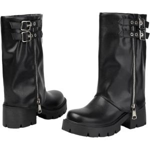 2025 Bottes Mi-Mollet Pour Femme, Tendance Grande Taille À Enfiler Talon Carré Fermeture Éclair Style Chevalier Décontractées Et Confortables Talon Moyen Bout Rond Style Western(Noir)