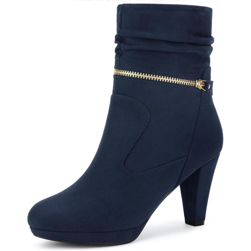 image:imageAllegra K Femmes Cheville Zip PlateForme Talon Haut MiMollet BottesBleu Marine