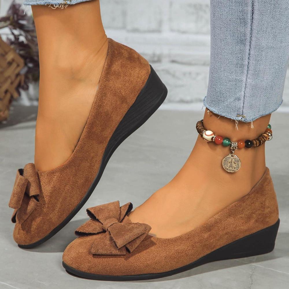 image:imageBallerines plates avec nud pour femme Bout rond Confortables et dcontractes Chaussures de travail habillesMarron