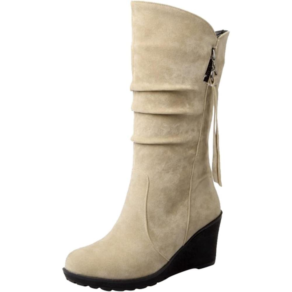 image:imageBottes compenses mimollet pour femme Talon bas Fermeture clair latrale En daim Bout rond Talon bas Sangle zippe Chaussures dhiver chaudes pour la marcheBeige
