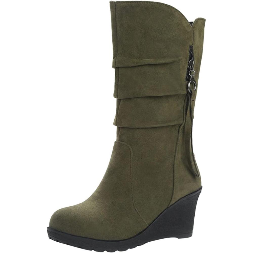 image:imageBottes compenses mimollet pour femme Talon bas Fermeture clair latrale En daim Bout rond Talon bas Sangle zippe Chaussures dhiver chaudes pour la marcheB