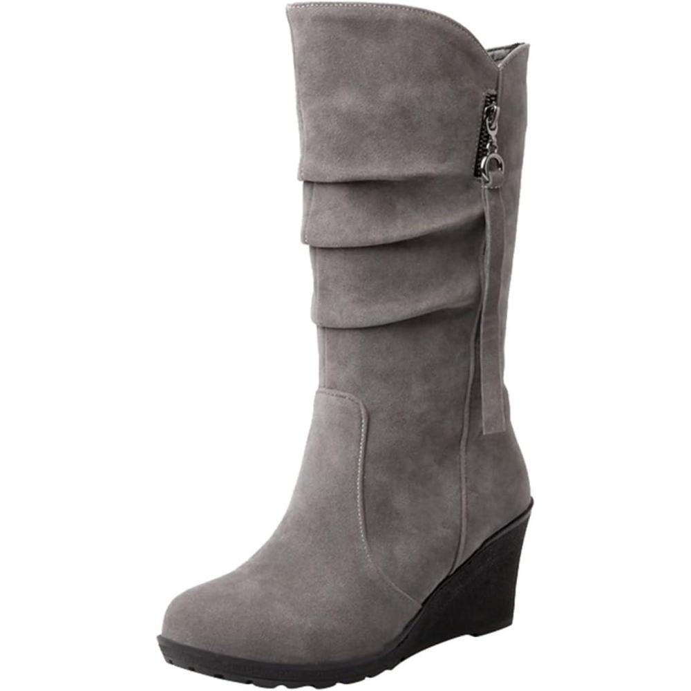 image:imageBottes compenses mimollet pour femme Talon bas Fermeture clair latrale En daim Bout rond Talon bas Sangle zippe Chaussures dhiver chaudes pour la marcheGris