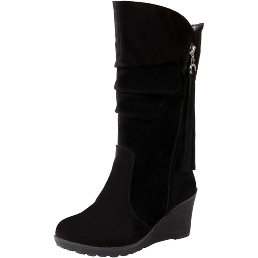 image:imageBottes compenses mimollet pour femme Talon bas Fermeture clair latrale En daim Bout rond Talon bas Sangle zippe Chaussures dhiver chaudes pour la marcheNoir