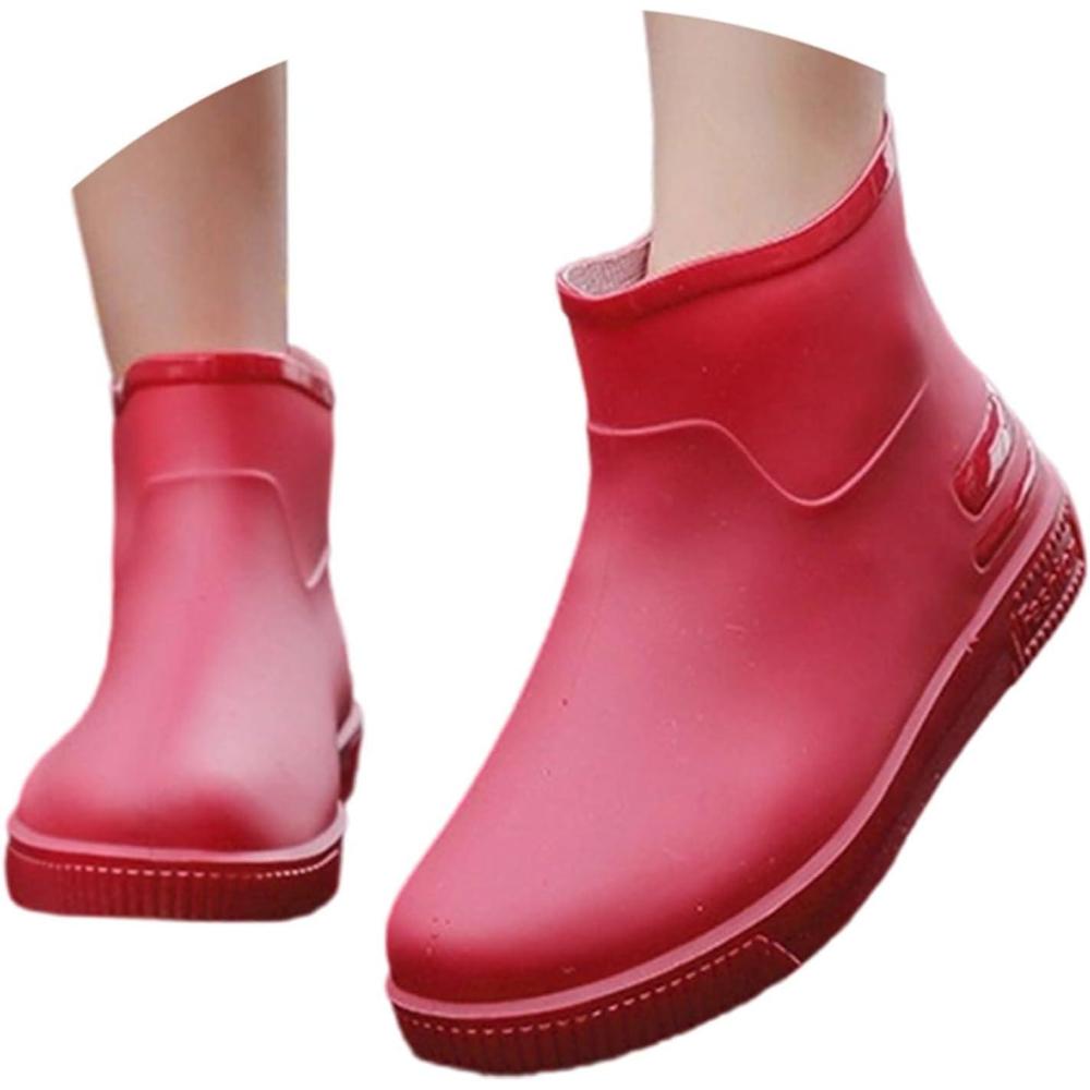 image:imageBottes de Pluie Femme Bottines Femme Ant Bottines Confortable Dcontractes Lgres Bottes MiMollet Talon Carr pour Mollets Trs Large Chaussure Pied LargeRouge