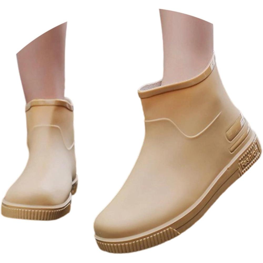 image:imageBottes de Pluie Femme Bottines Femme Ant Bottines Confortable Dcontractes Lgres Bottes MiMollet Talon Carr pour Mollets Trs Large Chaussure Pied LargeKaki