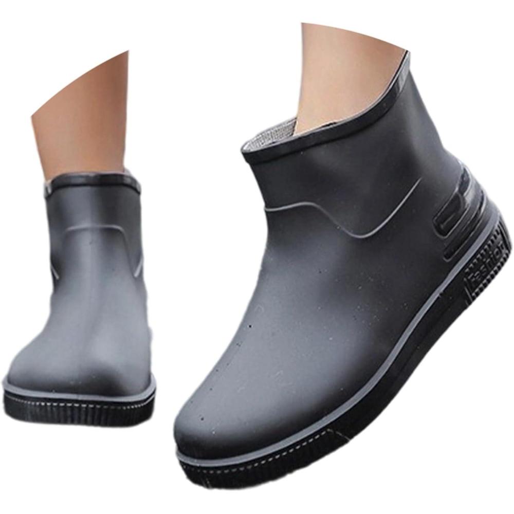 image:imageBottes de Pluie Femme Bottines Femme Ant Bottines Confortable Dcontractes Lgres Bottes MiMollet Talon Carr pour Mollets Trs Large Chaussure Pied LargeNoir