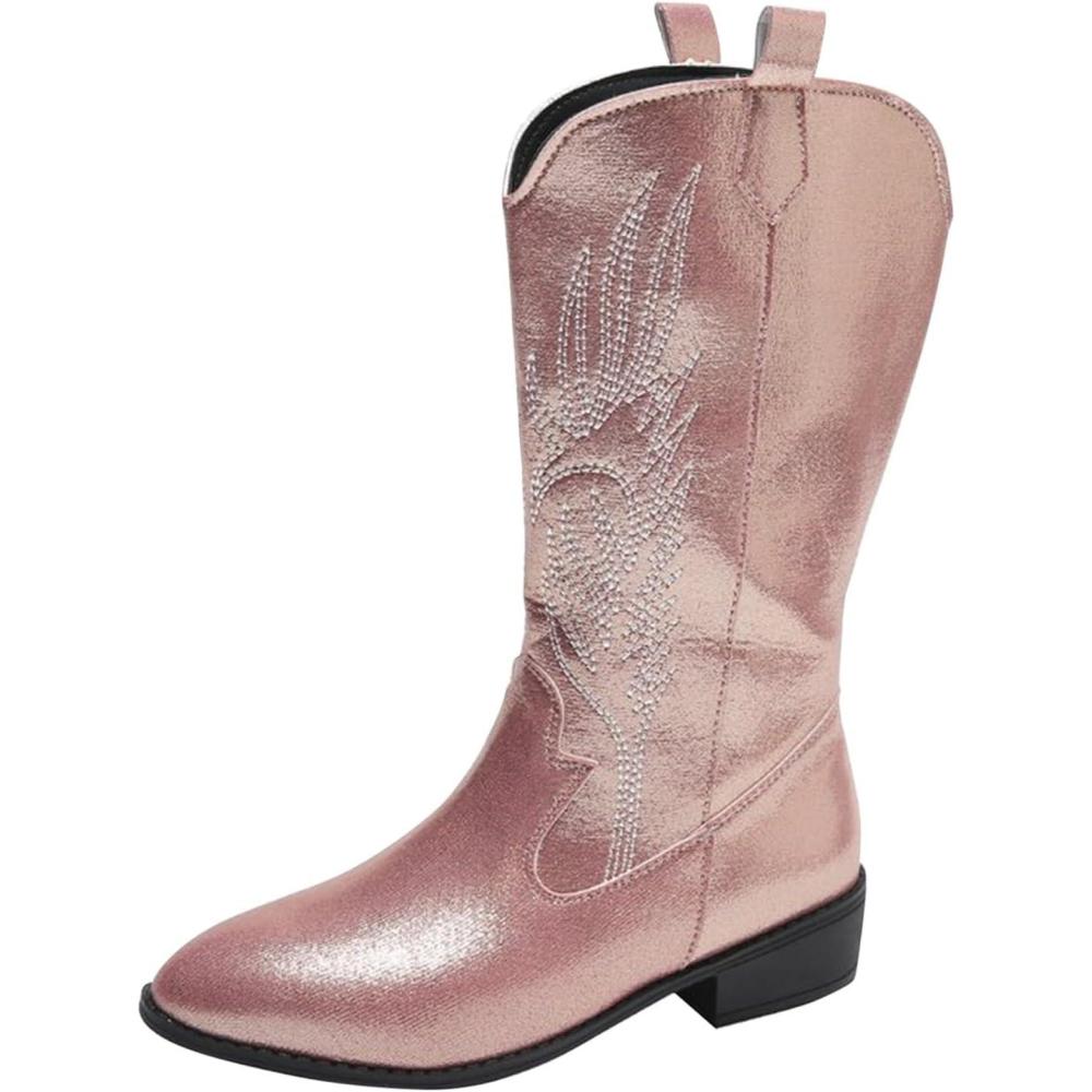 image:imageBottes de cowgirl occidentales pour femmes brodes mimollet bottes de cowboy enfiler pour femme bottes de cowgirl cowboy bottes de cowboy talon bloc cuir PU milarge veau country quitation westernRose