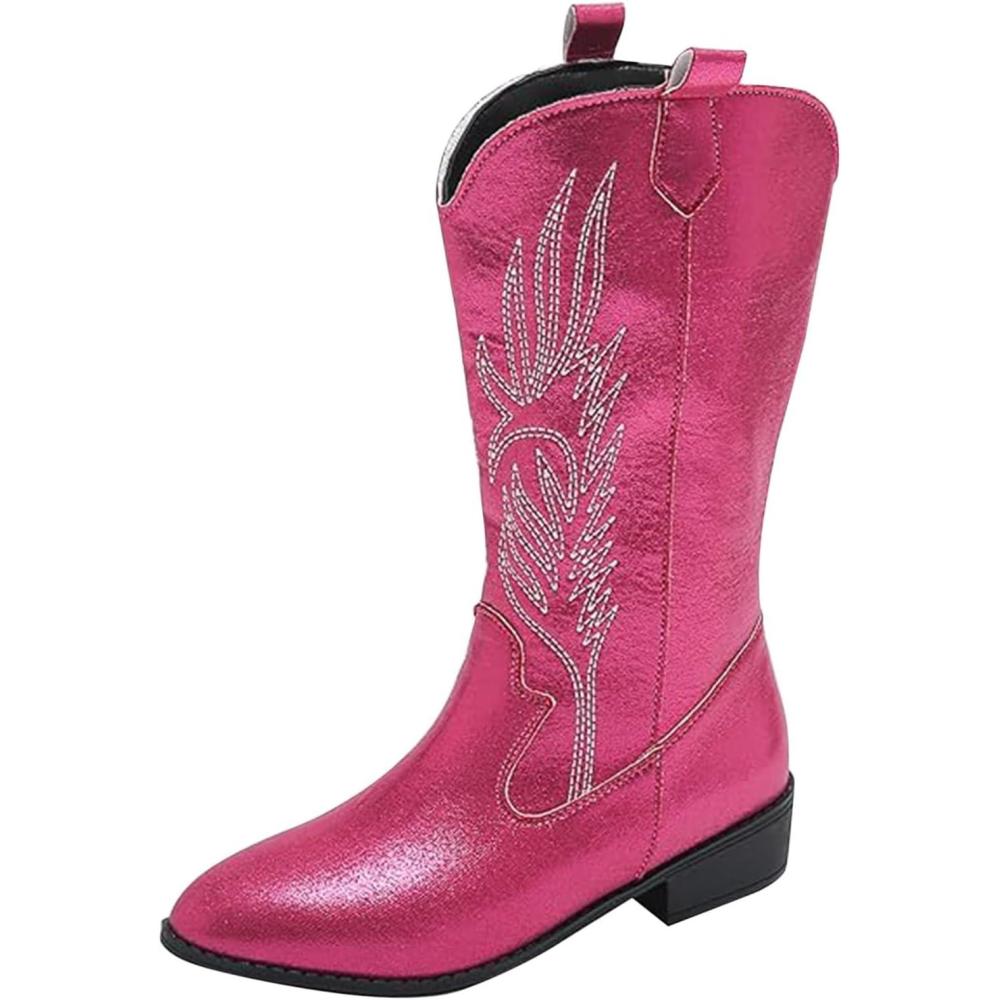 image:imageBottes de cowgirl occidentales pour femmes brodes mimollet bottes de cowboy enfiler pour femme bottes de cowgirl cowboy bottes de cowboy talon bloc cuir PU milarge veau country quitation westernRose Vif