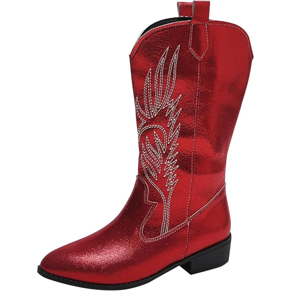 image:imageBottes de cowgirl occidentales pour femmes brodes mimollet bottes de cowboy enfiler pour femme bottes de cowgirl cowboy bottes de cowboy talon bloc cuir PU milarge veau country quitation westernRouge