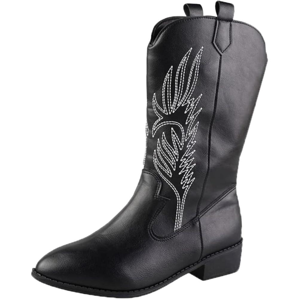 image:imageBottes de cowgirl occidentales pour femmes brodes mimollet bottes de cowboy enfiler pour femme bottes de cowgirl cowboy bottes de cowboy talon bloc cuir PU milarge veau country quitation westernNoir