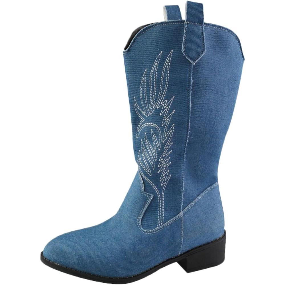 image:imageBottes de cowgirl occidentales pour femmes brodes mimollet bottes de cowboy enfiler pour femme bottes de cowgirl cowboy bottes de cowboy talon bloc cuir PU milarge veau country quitation westernBleu