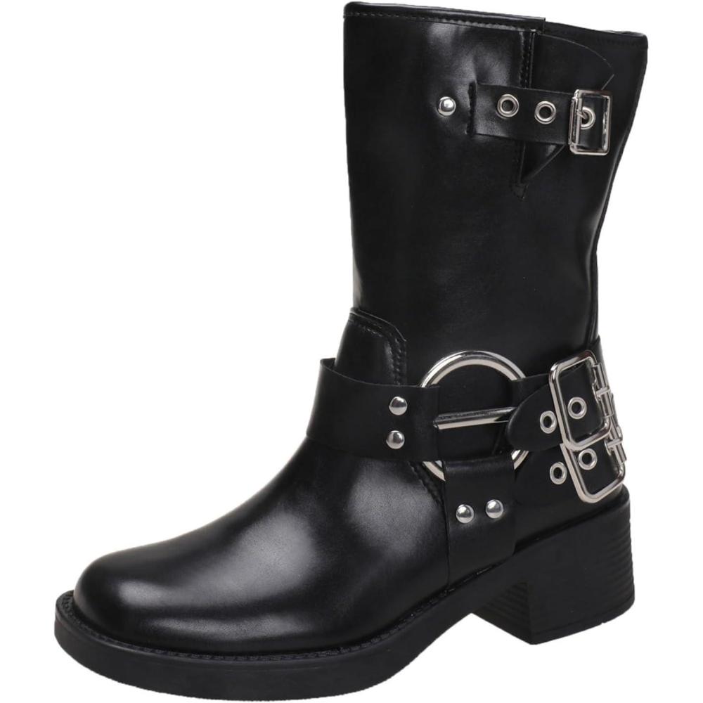 image:imageBottes de motard mimollet pour femme en similicuir avec sangles boucle bottes de combat pour femme noir punk motard lgres talon bas bout rond bottes courtes enfilerNoir
