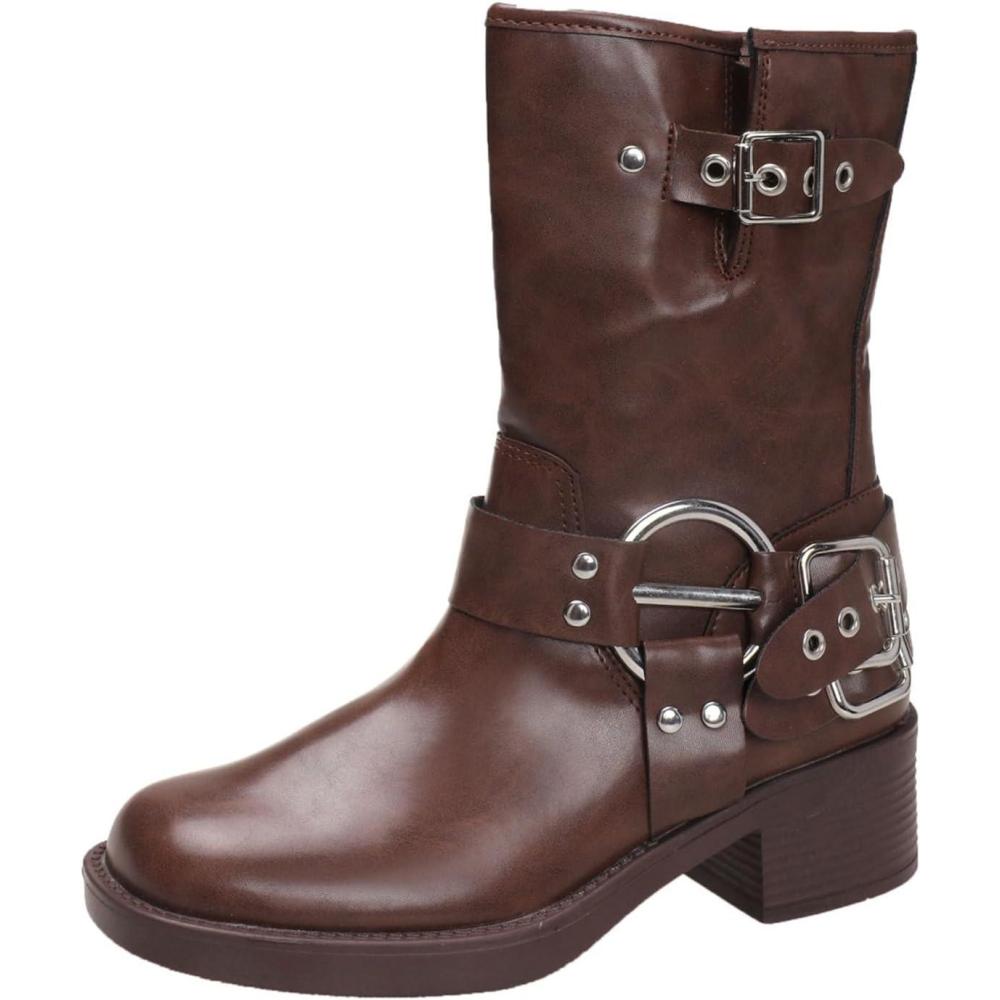 image:imageBottes de motard mimollet pour femme en similicuir avec sangles boucle bottes de combat pour femme noir punk motard lgres talon bas bout rond bottes courtes enfilerMarron