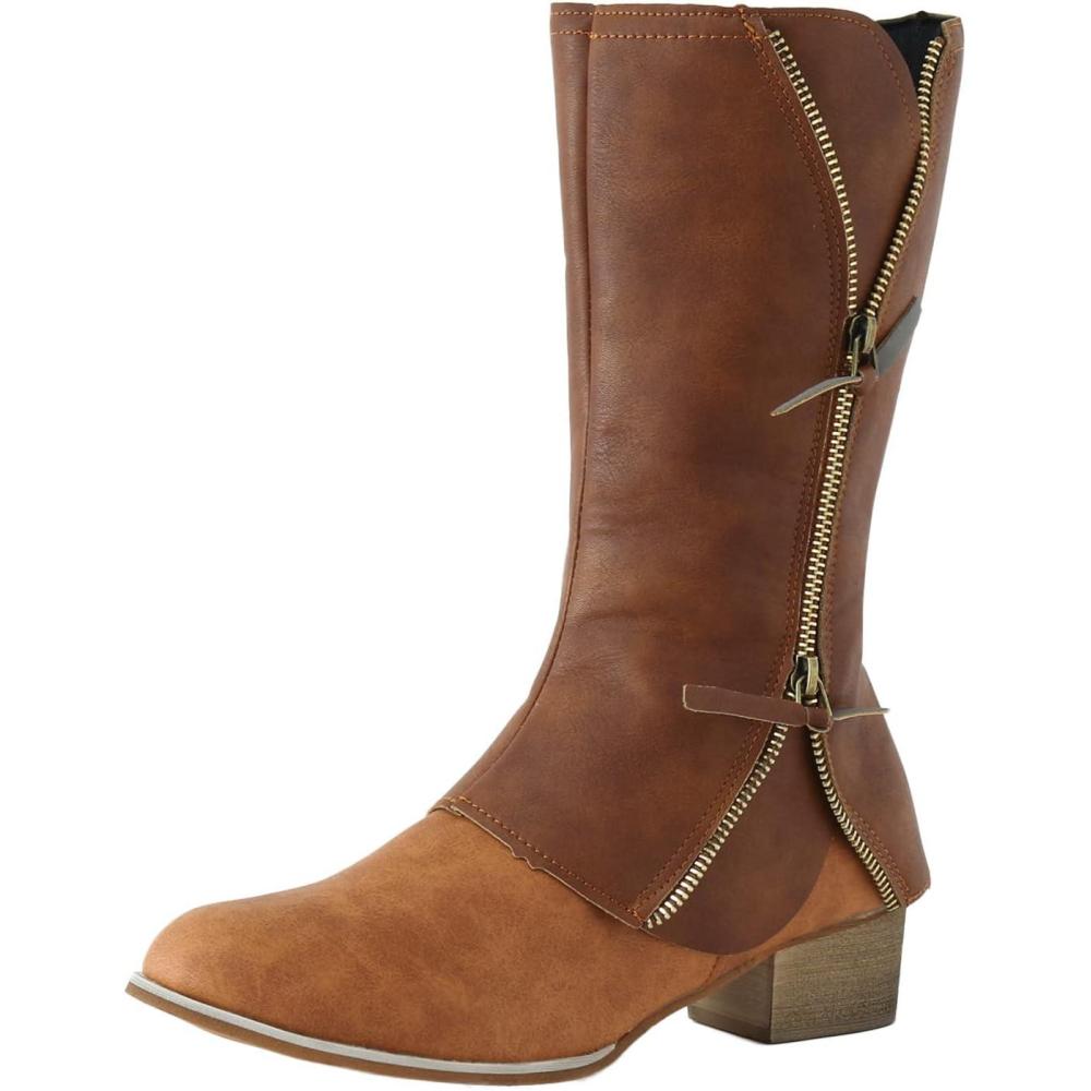 image:imageBottes en caoutchouc pour femme lgantes Vintage En cuir solide Double fermeture clair Talon pais Mode mimollet Bottines dquitation vintageMarron